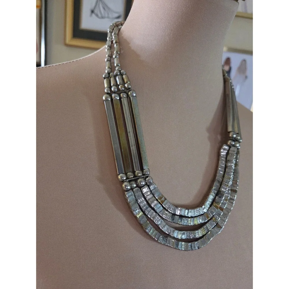 Vintage‎ Multi Strand Bib Statement Necklace Silver Gold Tone Tiered 70s